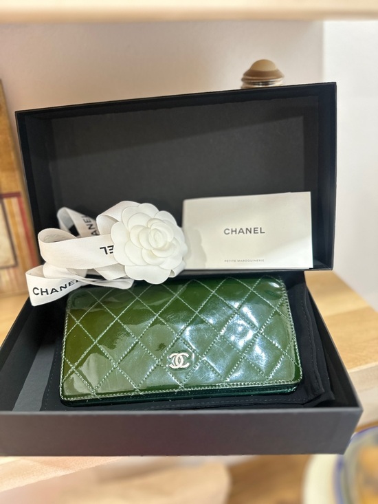 CHANEL Handbags - CHANEL Dark Green Quilted Patent Leather Continental Wallet